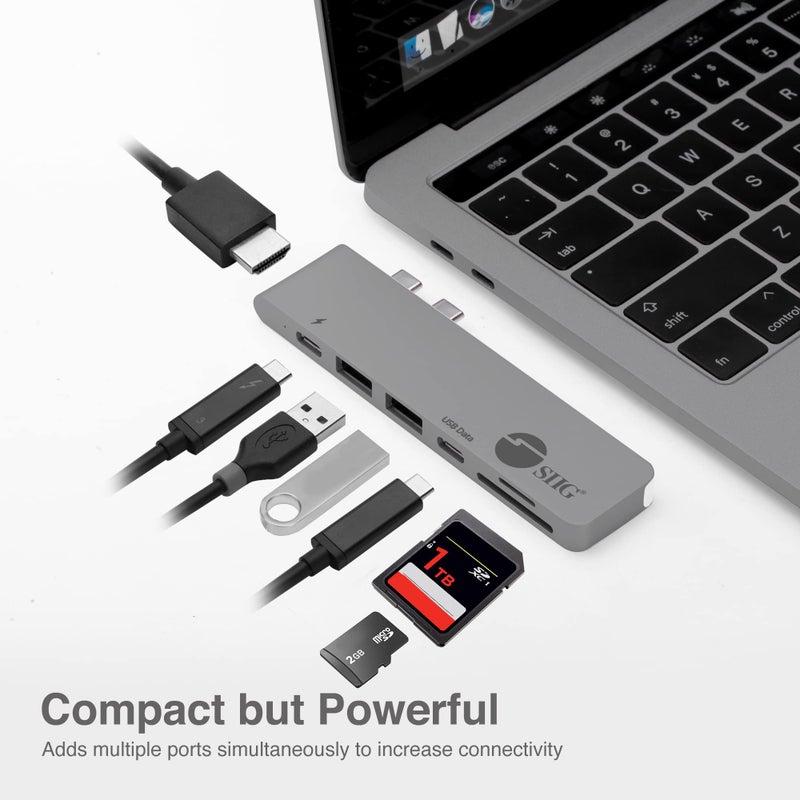 SIIG Thunderbolt 3, Aluminum USB Type C Hub with 4K @30Hz HDMI, SD/Micro SD Card Reader, 2 USB 3.1 Gen 1 Ports, PD Port for 2016/2017 MacBook 13" & 15" - Space Gray - Image 4
